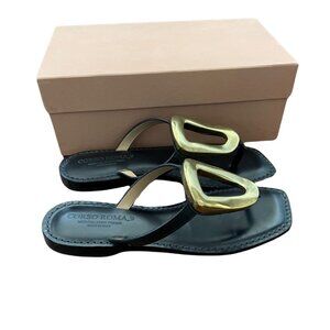 Black Leather Sandal with Gold Accent